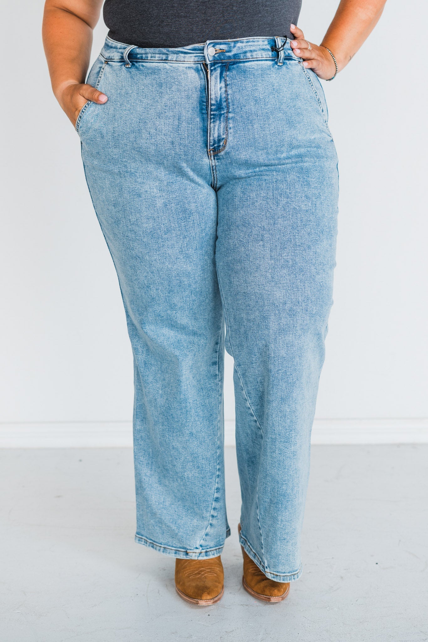 Judy Blue High Waist Retro Wide Fit Jeans with Skewed Inseam - Whiskey Skies - JUDY BLUE