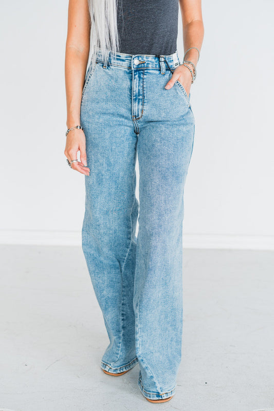 Judy Blue High Waist Retro Wide Fit Jeans with Skewed Inseam - Whiskey Skies - JUDY BLUE