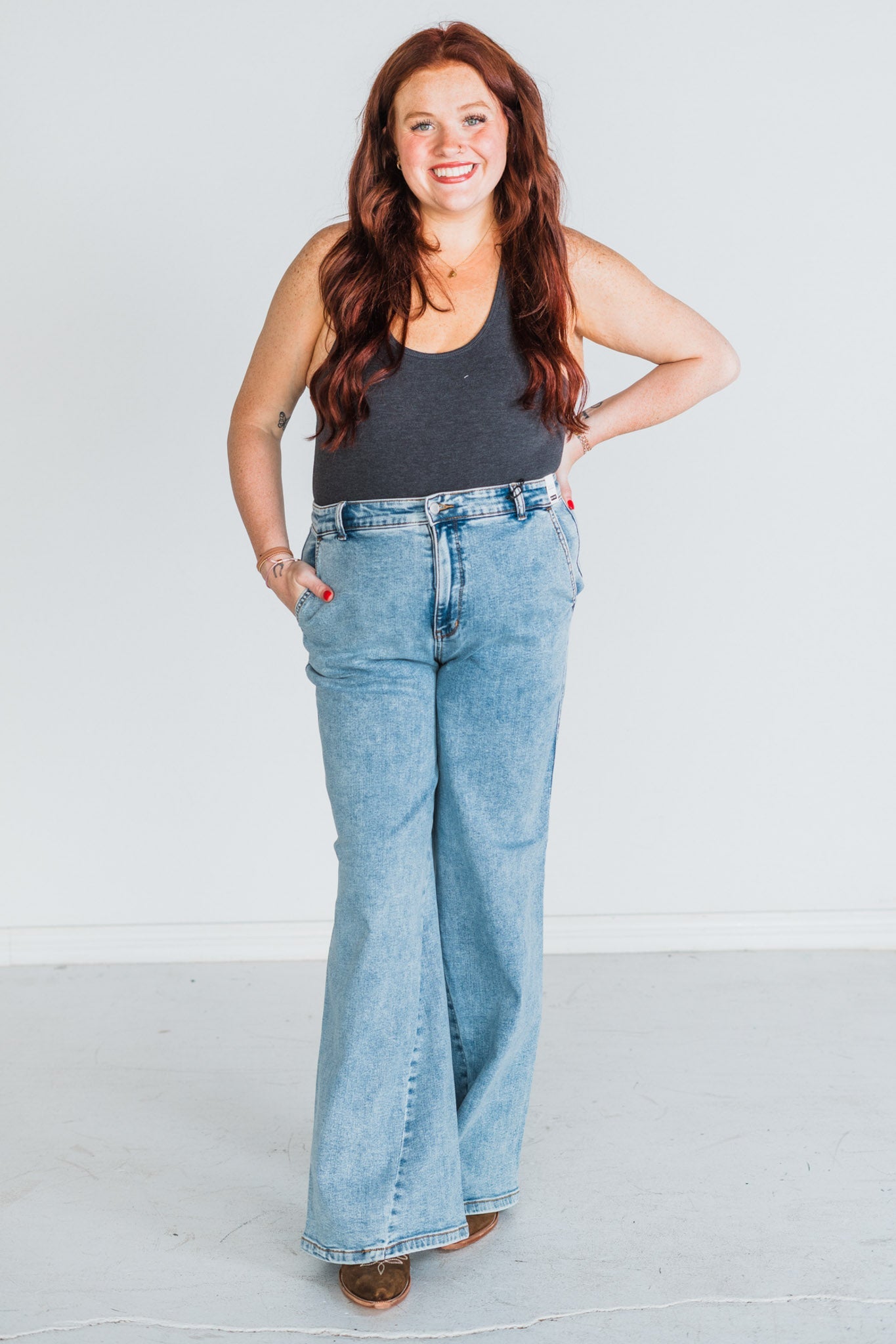Judy Blue High Waist Retro Wide Fit Jeans with Skewed Inseam - Whiskey Skies - JUDY BLUE