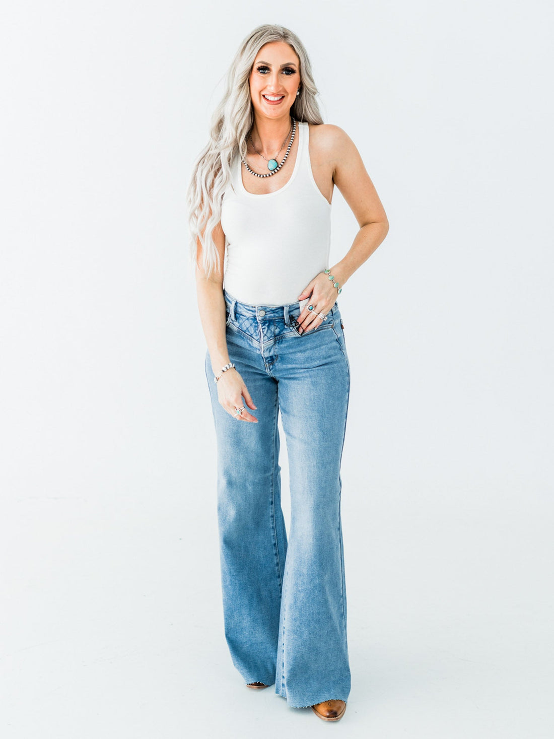 Judy Blue High Waist Retro Wide Jeans With Quilt Stitching - Whiskey Skies - JUDY BLUE
