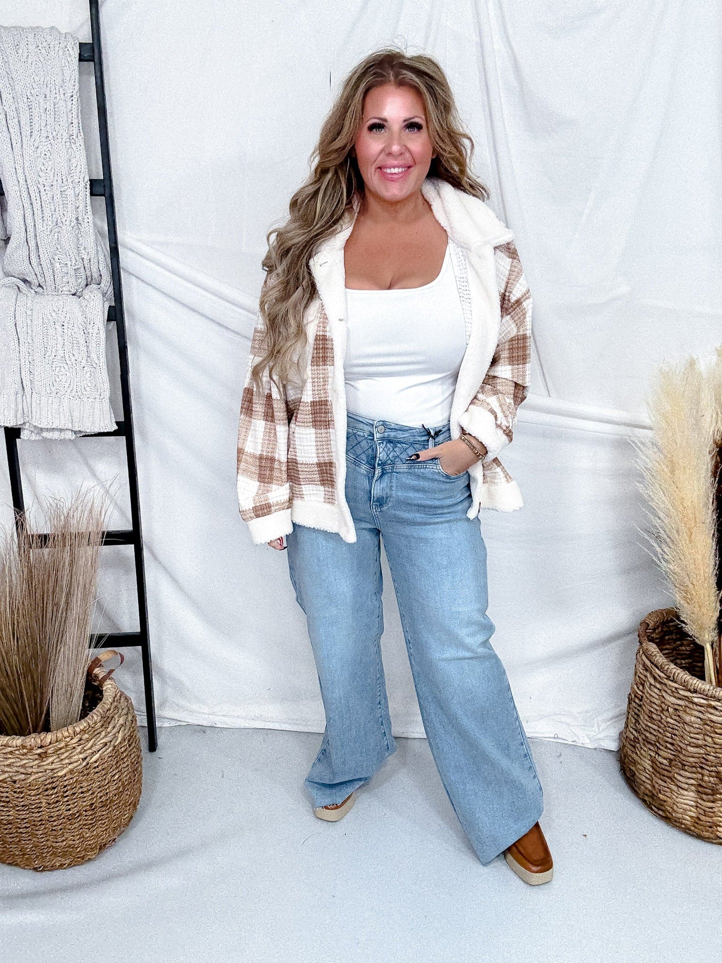 Judy Blue High Waist Retro Wide Jeans With Quilt Stitching - Whiskey Skies - JUDY BLUE