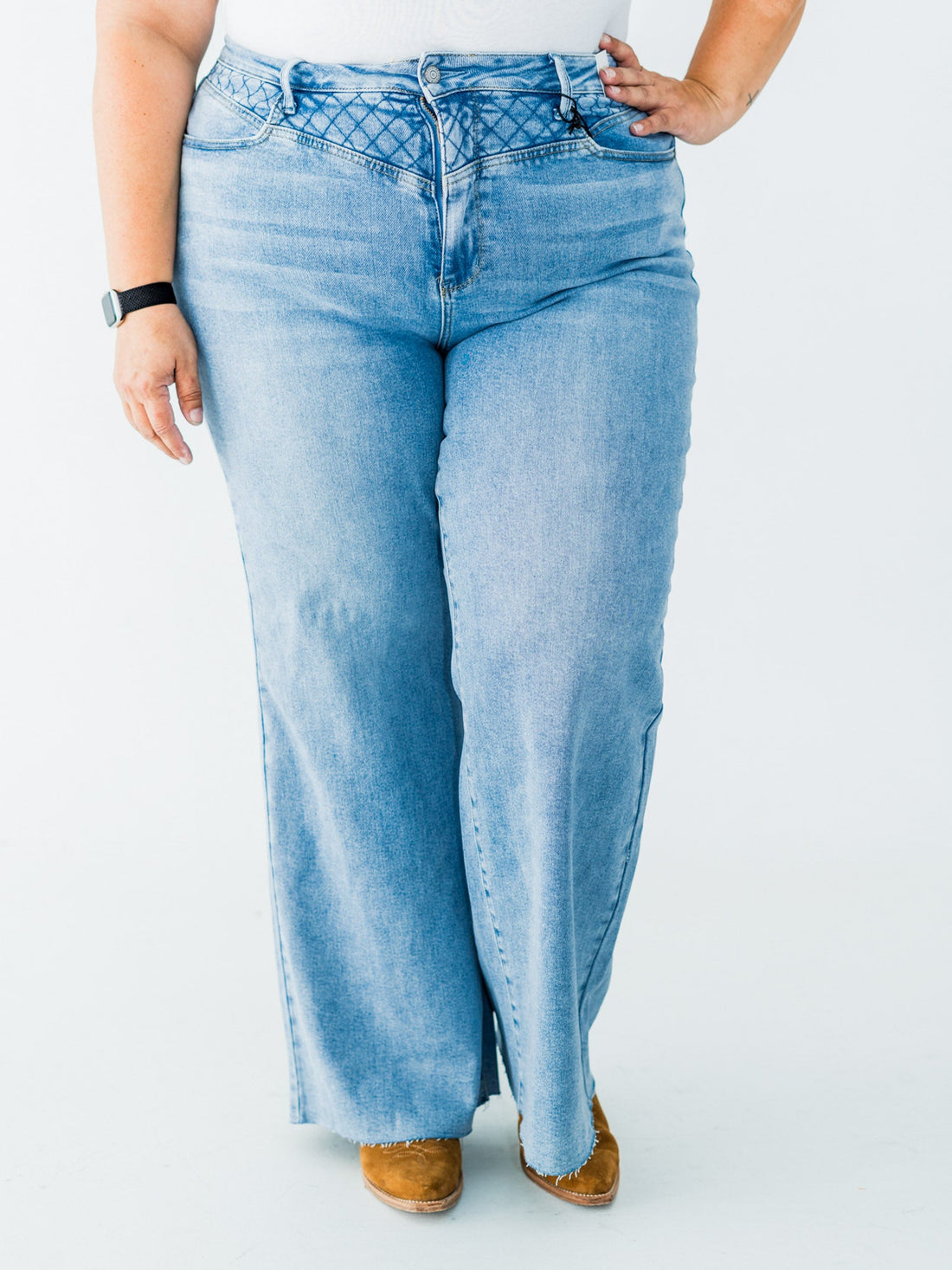 Judy Blue High Waist Retro Wide Jeans With Quilt Stitching - Whiskey Skies - JUDY BLUE