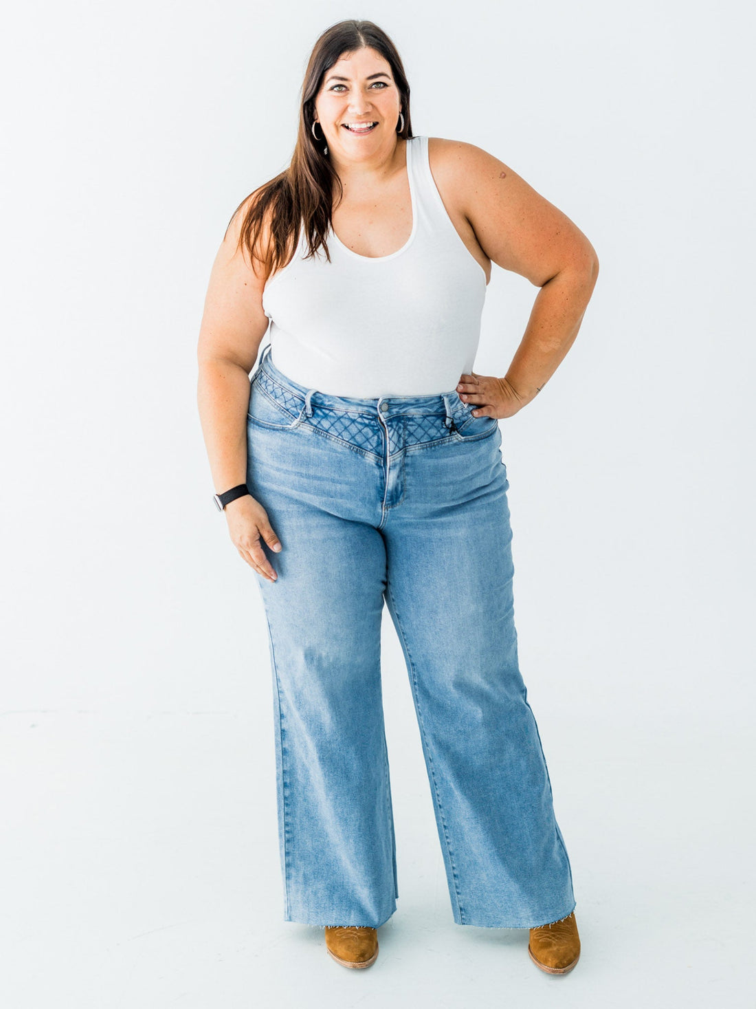 Judy Blue High Waist Retro Wide Jeans With Quilt Stitching - Whiskey Skies - JUDY BLUE