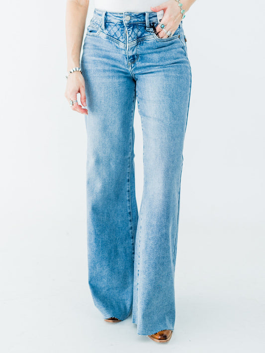 Judy Blue High Waist Retro Wide Jeans With Quilt Stitching - Whiskey Skies - JUDY BLUE