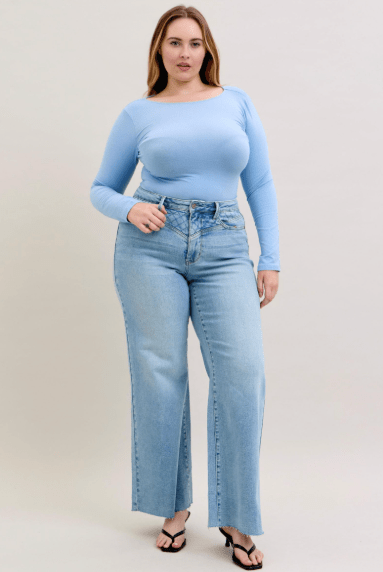 Judy Blue High Waist Retro Wide Jeans With Quilt Stitching - Whiskey Skies - JUDY BLUE
