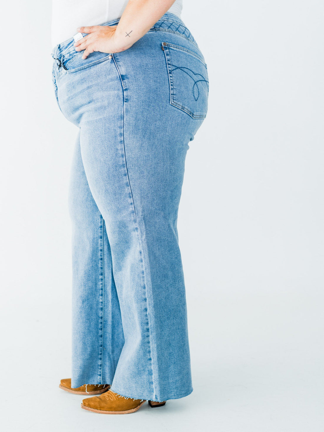 Judy Blue High Waist Retro Wide Jeans With Quilt Stitching - Whiskey Skies - JUDY BLUE