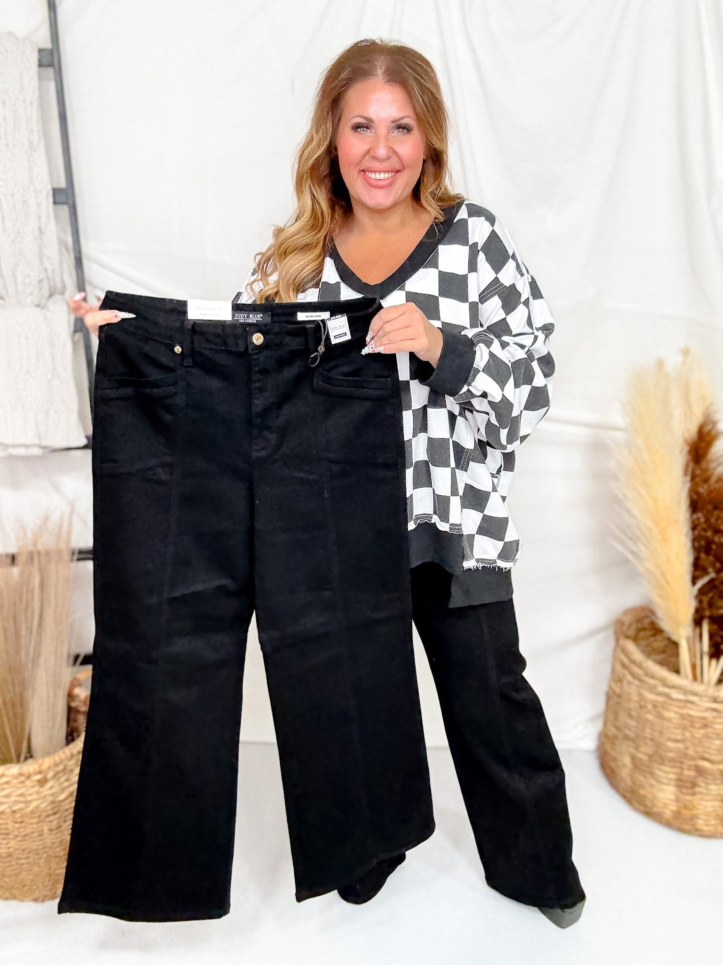 Judy Blue High Waist Retro Wide Leg Black Jeans - Whiskey Skies - JUDY BLUE