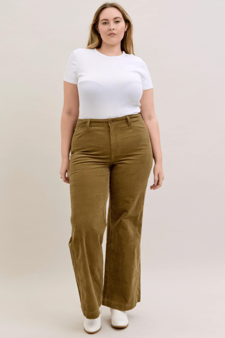 Judy Blue High Waist Retro Wide Leg Corduroy Pants In Olive - Whiskey Skies - JUDY BLUE