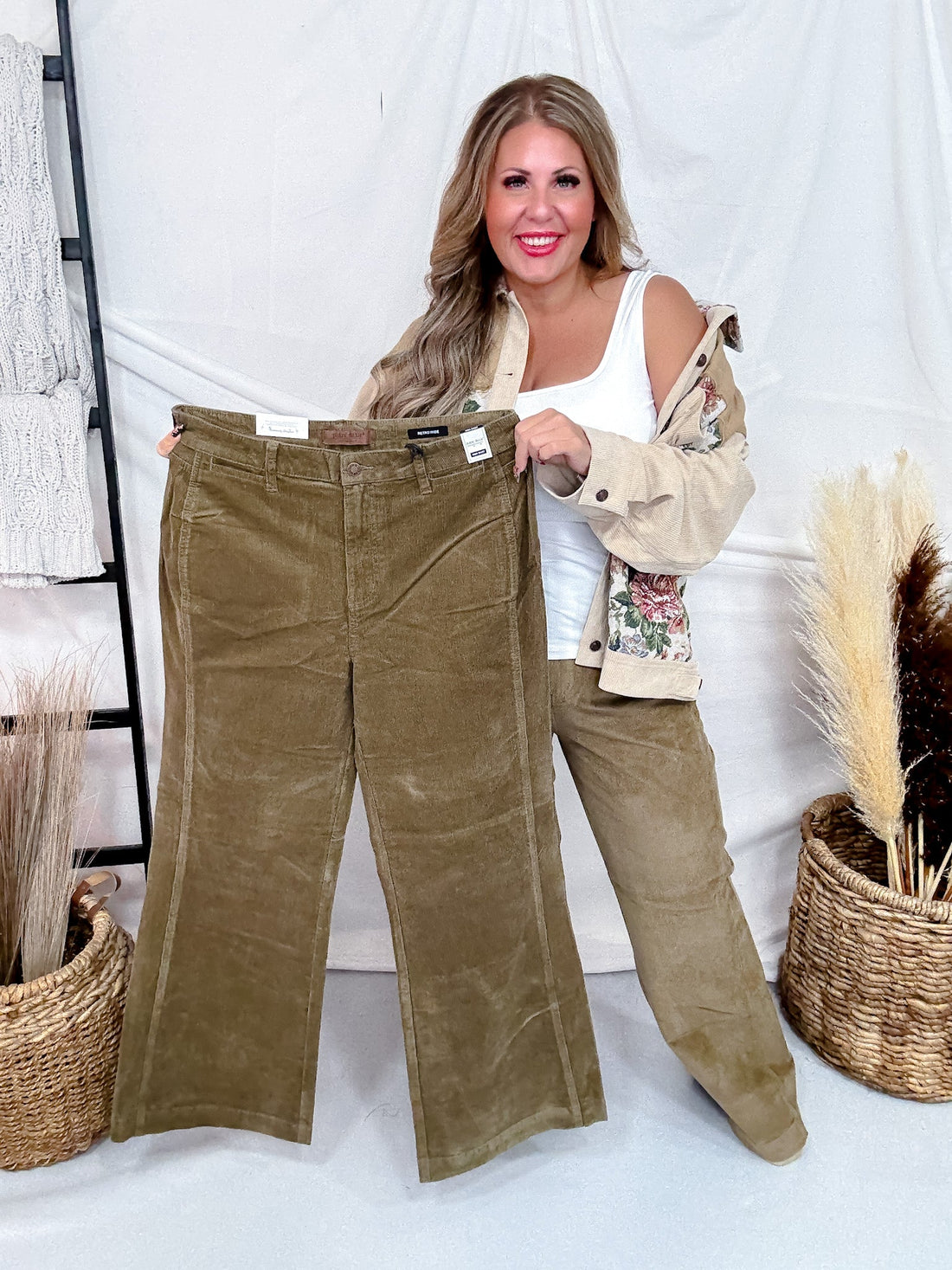 Judy Blue High Waist Retro Wide Leg Corduroy Pants In Olive - Whiskey Skies - JUDY BLUE