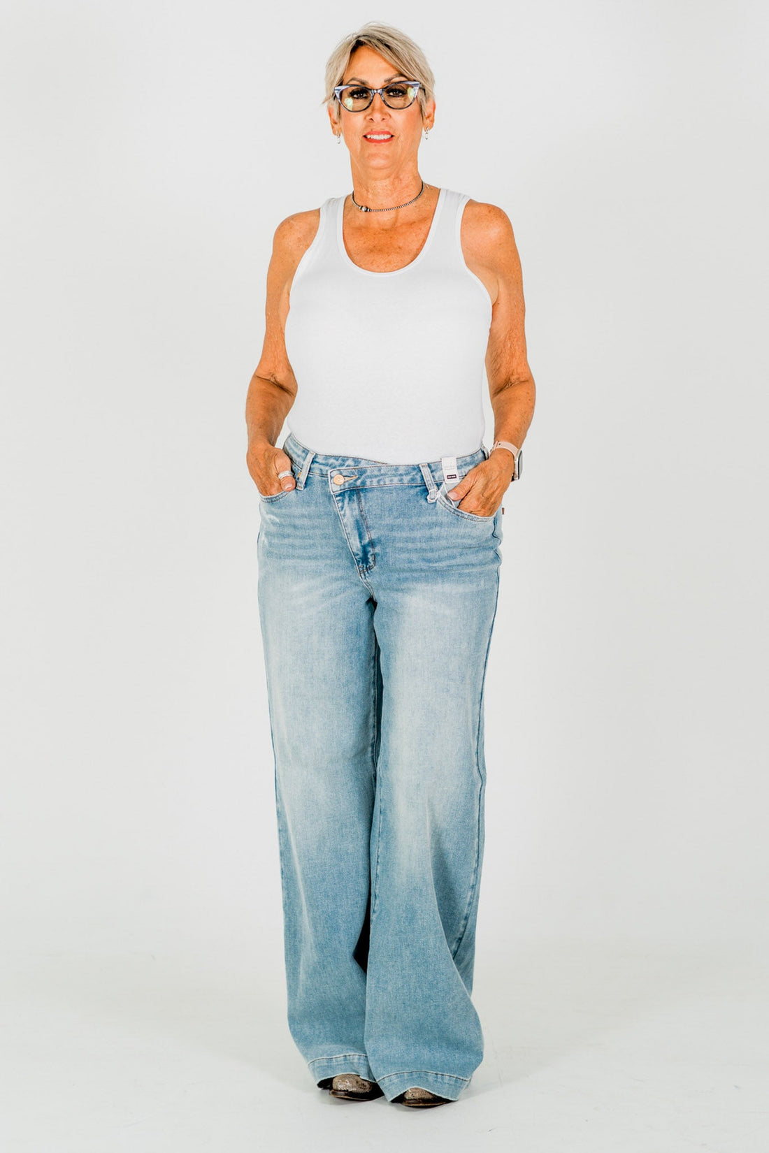 Judy Blue High - Waist Retro Wide Leg Criss Cross Waist Band Jeans - Whiskey Skies - JUDY BLUE