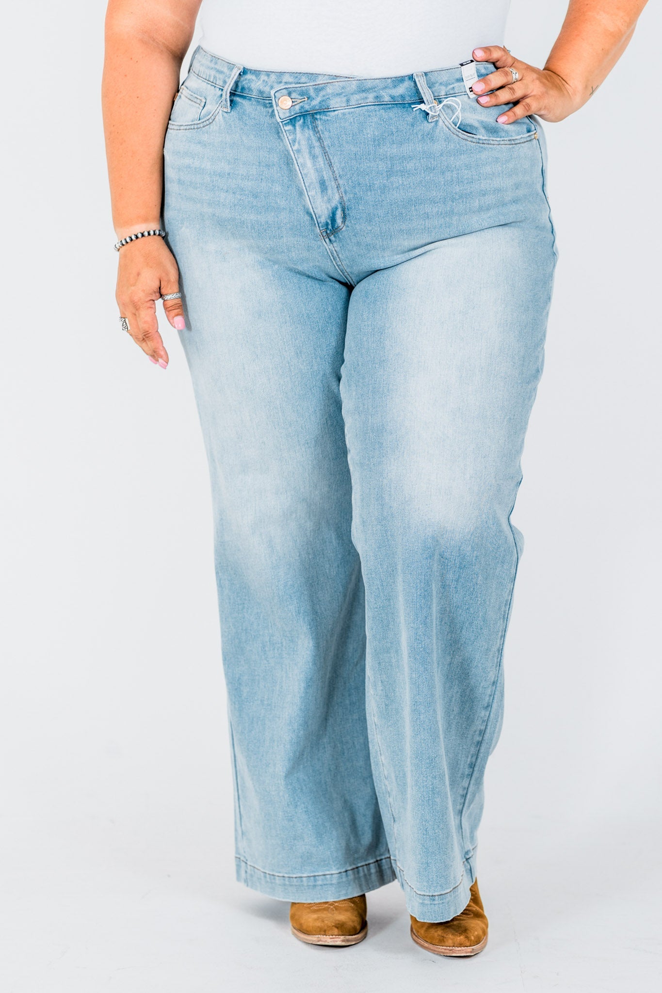 Judy Blue High - Waist Retro Wide Leg Criss Cross Waist Band Jeans - Whiskey Skies - JUDY BLUE