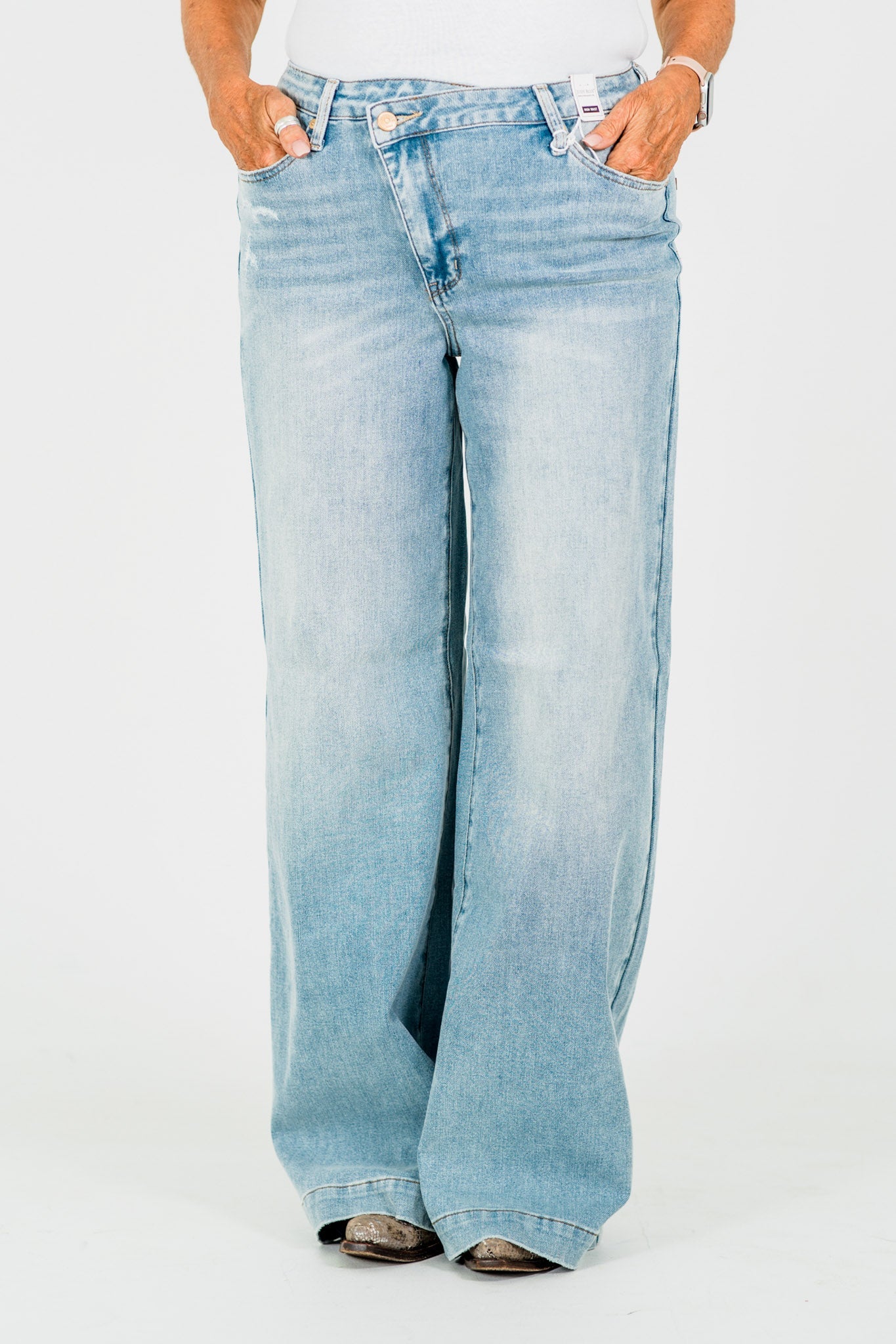 Judy Blue High - Waist Retro Wide Leg Criss Cross Waist Band Jeans - Whiskey Skies - JUDY BLUE