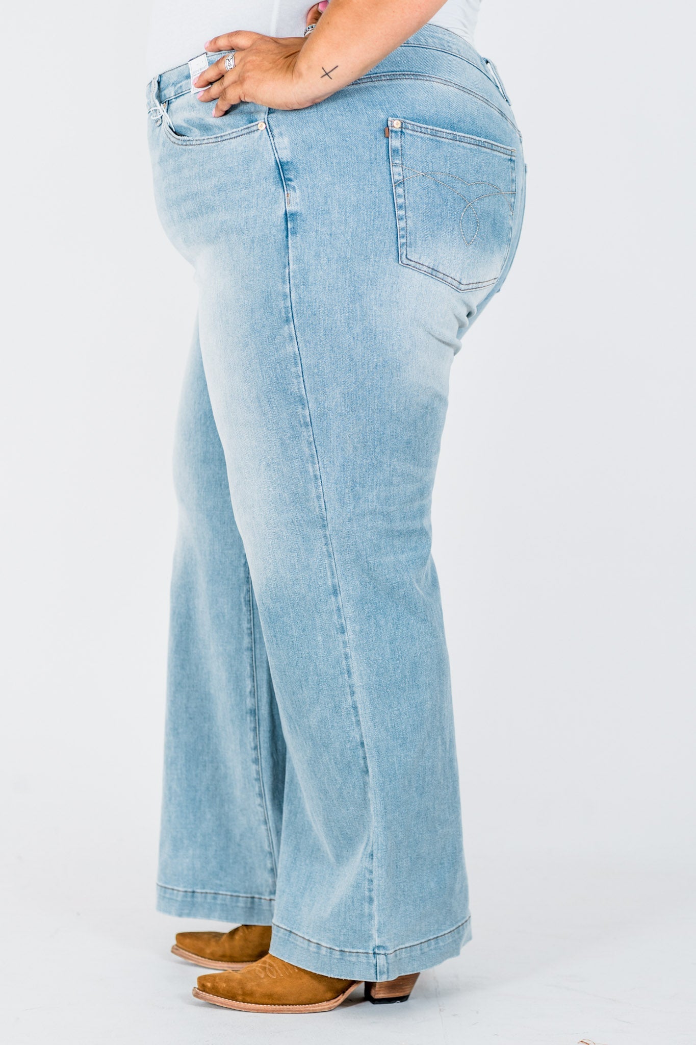 Judy Blue High - Waist Retro Wide Leg Criss Cross Waist Band Jeans - Whiskey Skies - JUDY BLUE