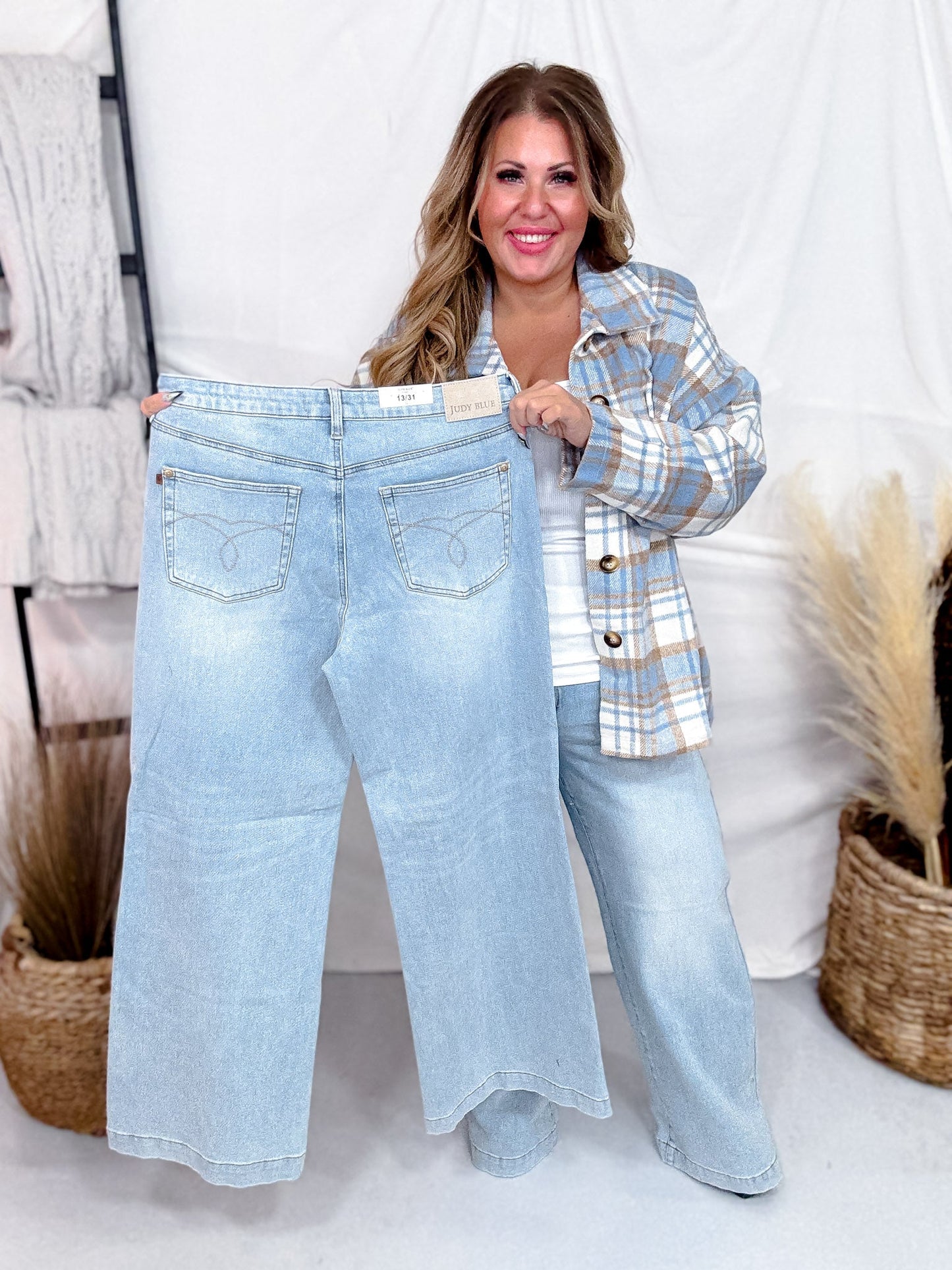 Judy Blue High - Waist Retro Wide Leg Criss Cross Waist Band Jeans - Whiskey Skies - JUDY BLUE
