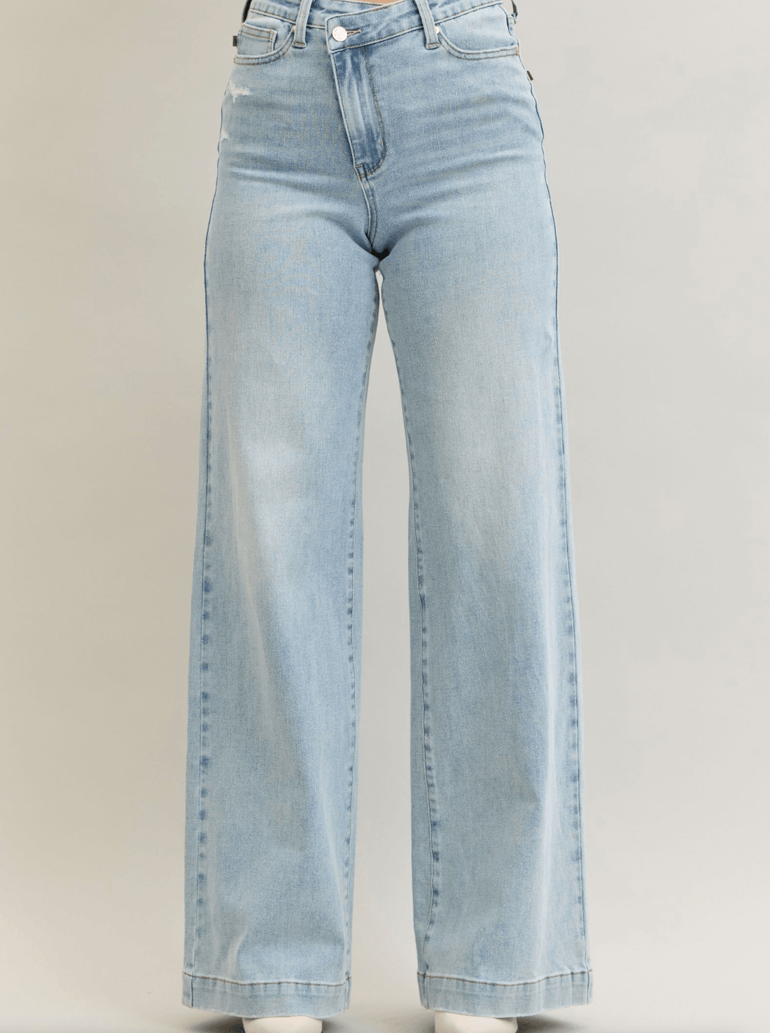 Judy Blue High - Waist Retro Wide Leg Criss Cross Waist Band Jeans - Whiskey Skies - JUDY BLUE