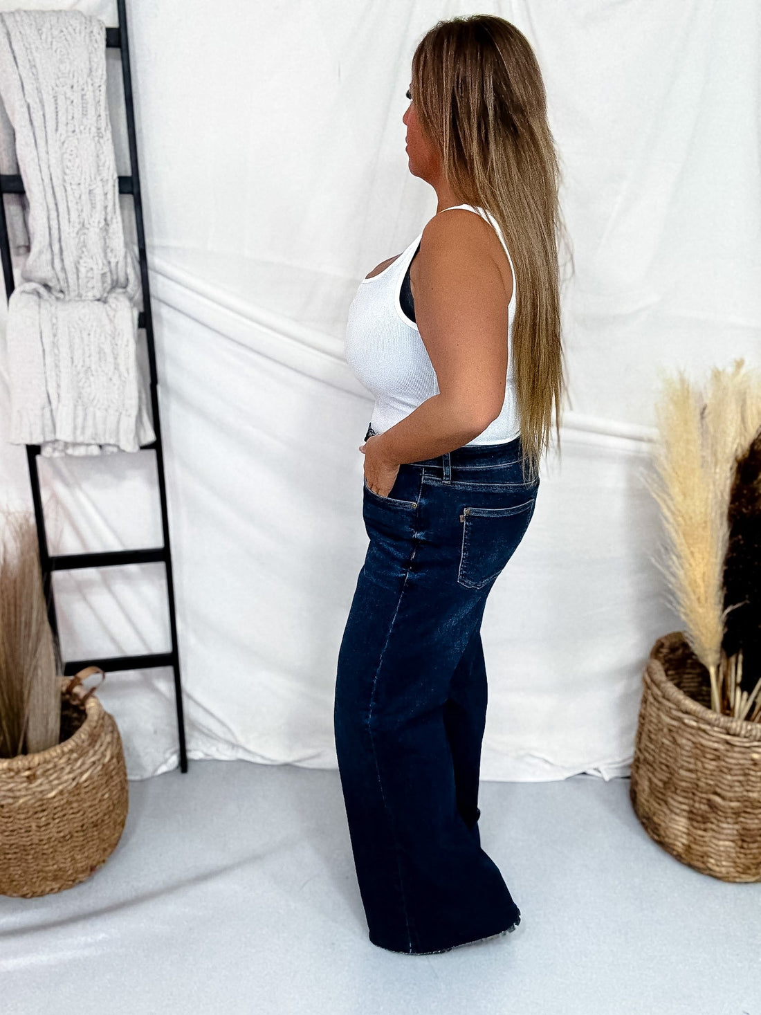 Judy Blue High Waist Retro Wide Leg Jeans W/ Adjustable Waist Tabs - Whiskey Skies - JUDY BLUE