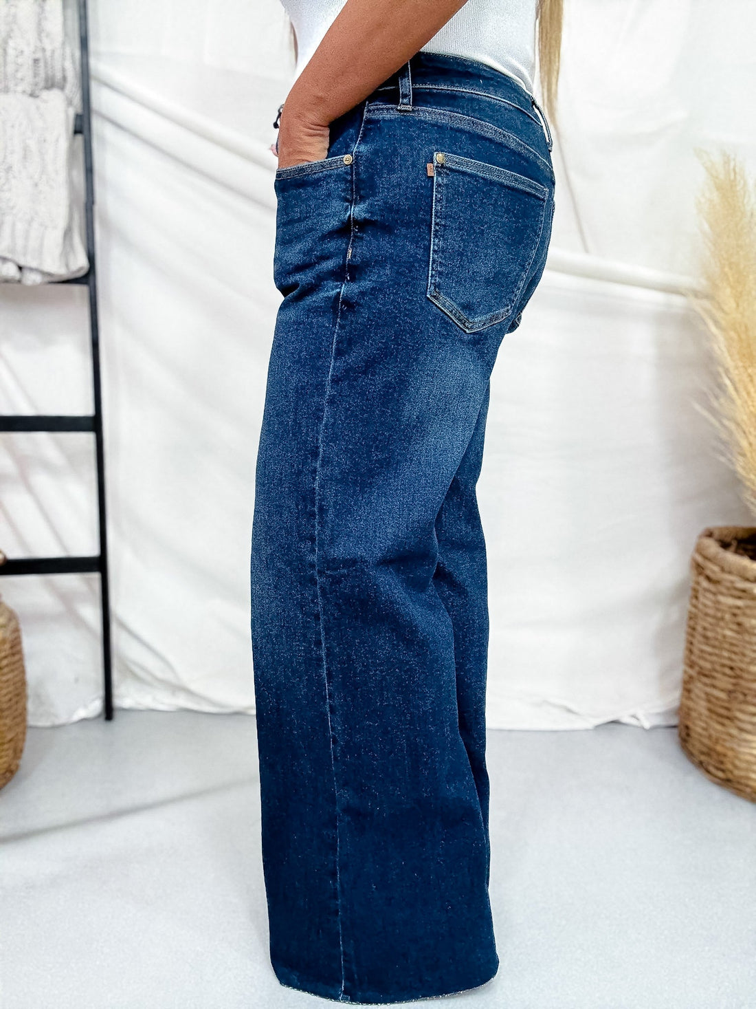 Judy Blue High Waist Retro Wide Leg Jeans W/ Adjustable Waist Tabs - Whiskey Skies - JUDY BLUE