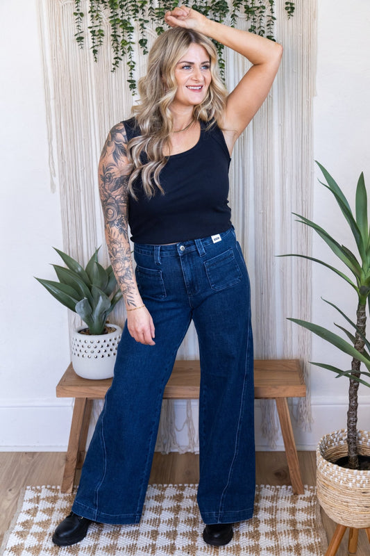 Judy Blue High - Waist Retro Wide Leg Jeans W/ Patch Pockets & Twisted Seams - Whiskey Skies - JUDY BLUE