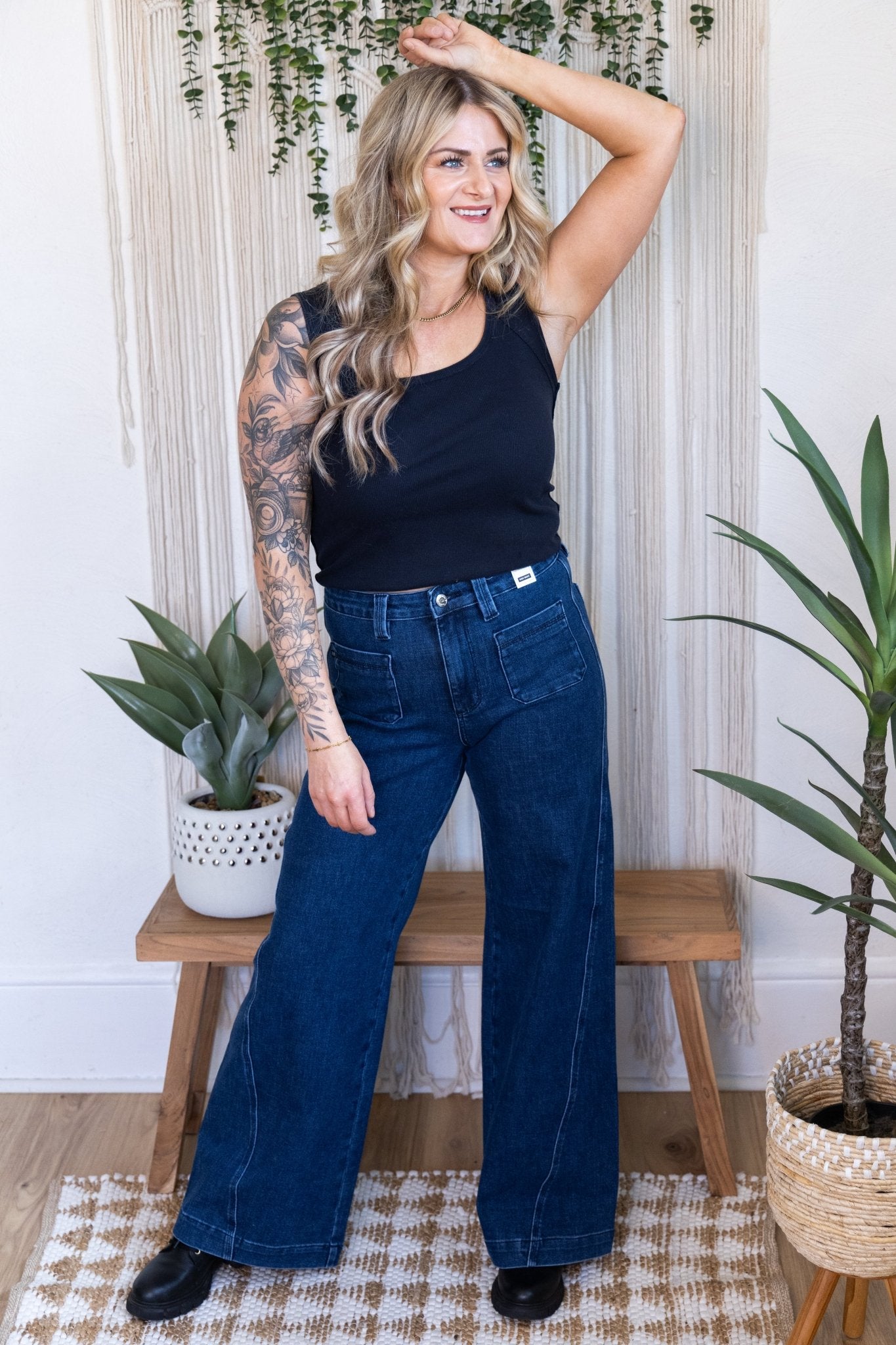 Judy Blue High - Waist Retro Wide Leg Jeans W/ Patch Pockets & Twisted Seams - Whiskey Skies - JUDY BLUE