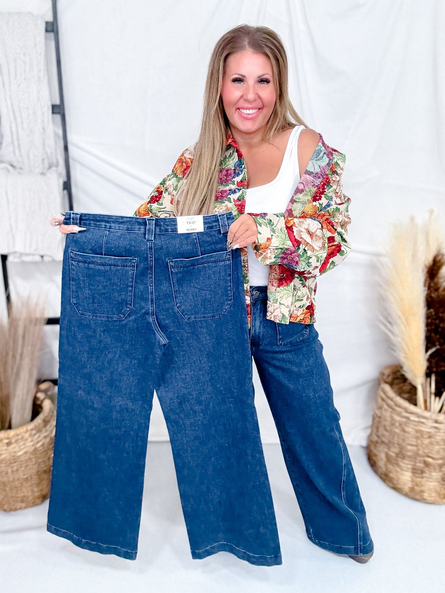 Judy Blue High - Waist Retro Wide Leg Jeans W/ Patch Pockets & Twisted Seams - Whiskey Skies - JUDY BLUE