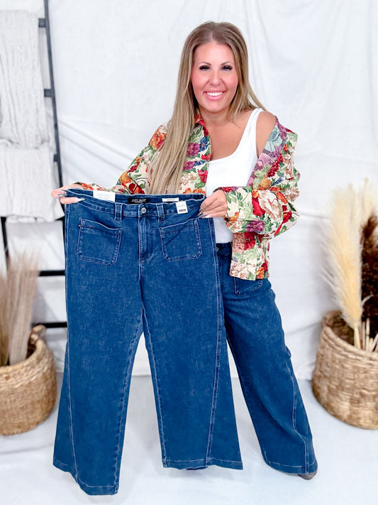 Judy Blue High - Waist Retro Wide Leg Jeans W/ Patch Pockets & Twisted Seams - Whiskey Skies - JUDY BLUE
