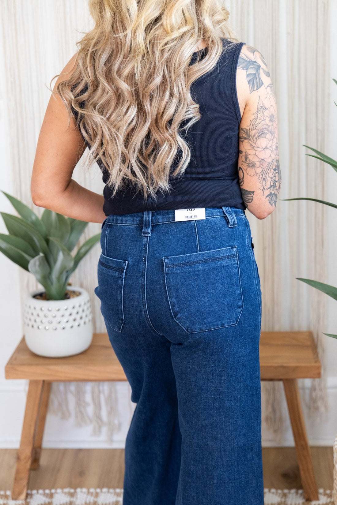 Judy Blue High - Waist Retro Wide Leg Jeans W/ Patch Pockets & Twisted Seams - Whiskey Skies - JUDY BLUE