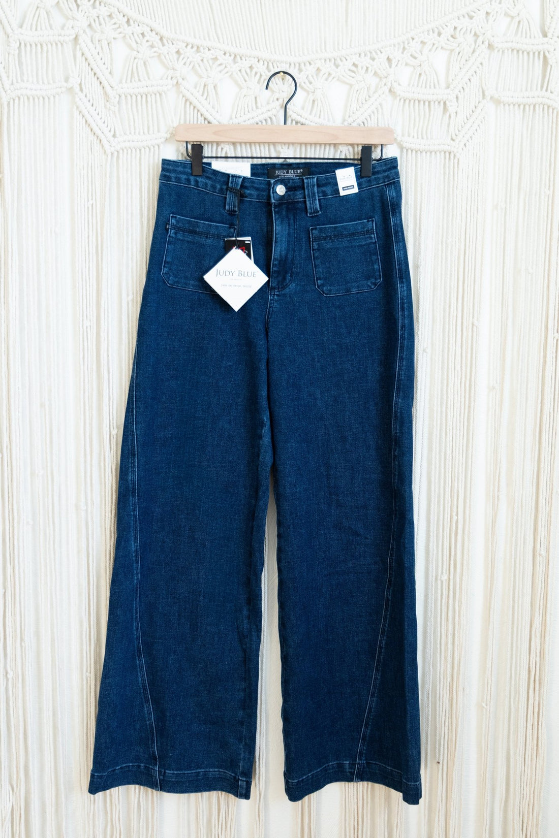 Judy Blue High - Waist Retro Wide Leg Jeans W/ Patch Pockets & Twisted Seams - Whiskey Skies - JUDY BLUE