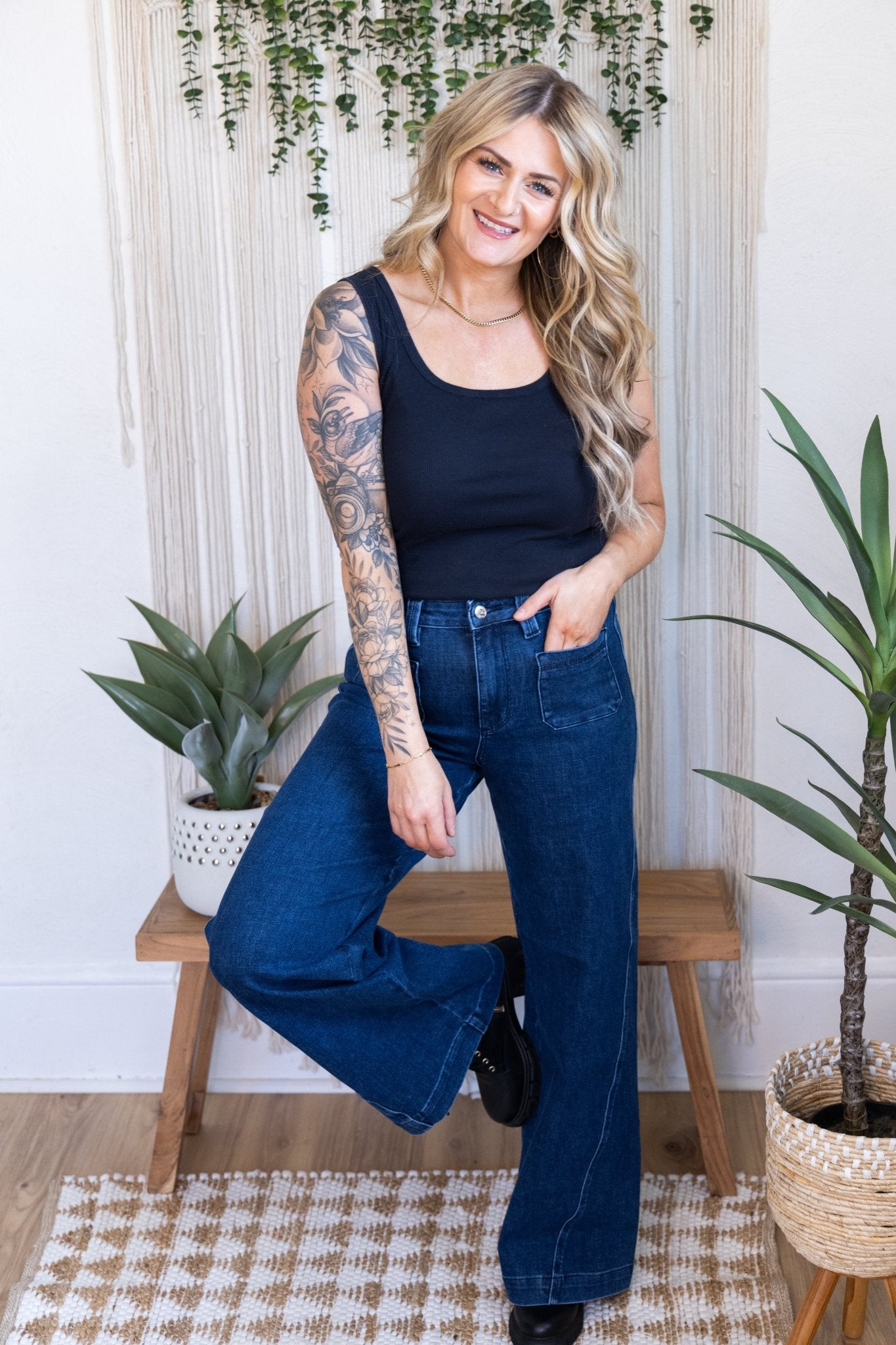 Judy Blue High - Waist Retro Wide Leg Jeans W/ Patch Pockets & Twisted Seams - Whiskey Skies - JUDY BLUE