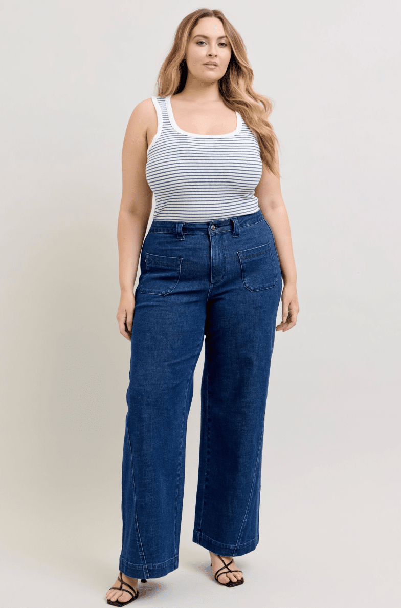 Judy Blue High - Waist Retro Wide Leg Jeans W/ Patch Pockets & Twisted Seams - Whiskey Skies - JUDY BLUE