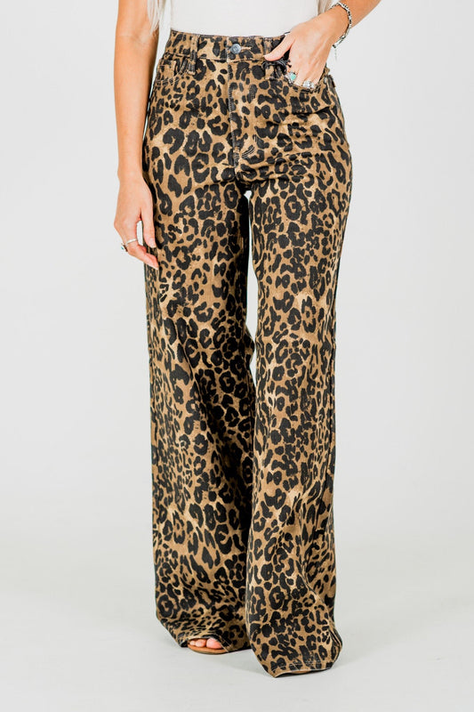 Judy Blue High - Waist Retro Wide Leg Leopard Print Jeans - Whiskey Skies - JUDY BLUE