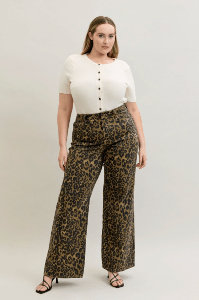 Judy Blue High - Waist Retro Wide Leg Leopard Print Jeans - Whiskey Skies - JUDY BLUE