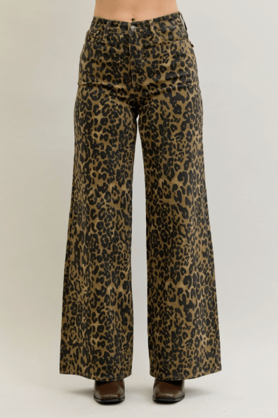 Judy Blue High - Waist Retro Wide Leg Leopard Print Jeans - Whiskey Skies - JUDY BLUE