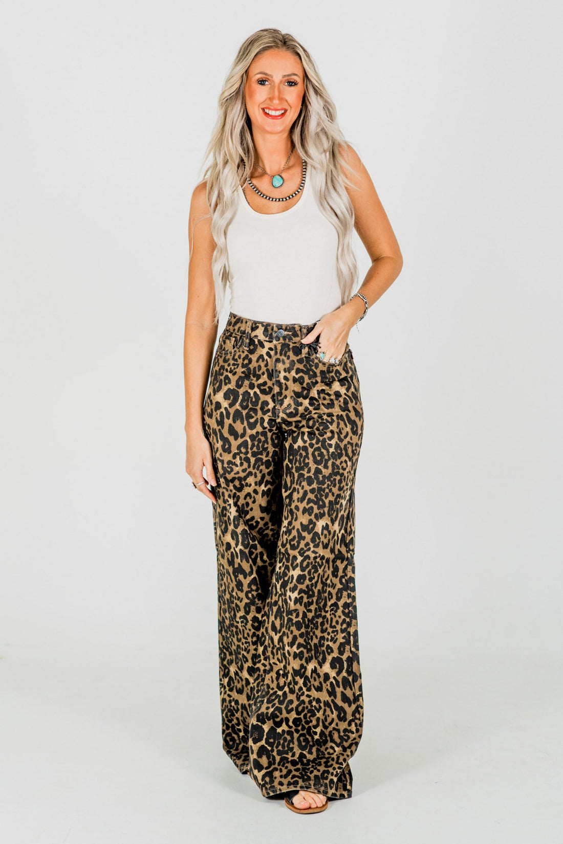 Judy Blue High - Waist Retro Wide Leg Leopard Print Jeans - Whiskey Skies - JUDY BLUE