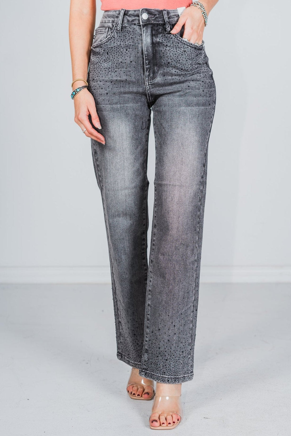 Judy Blue High Waist Rhinestone Embellished Straight Jeans - Whiskey Skies - JUDY BLUE