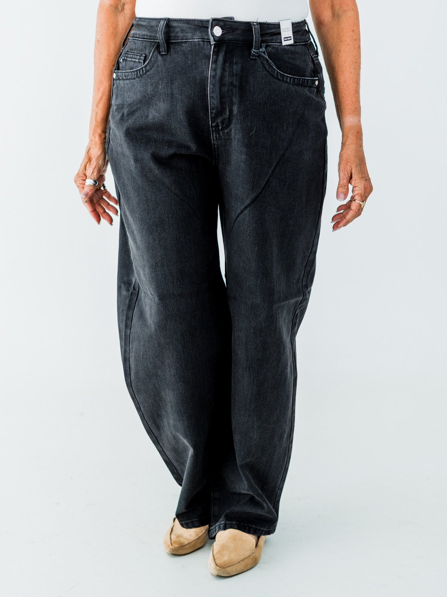 Judy Blue High Waist Rigid Magic Barrel Black Denim Arc Trousers - Whiskey Skies - JUDY BLUE