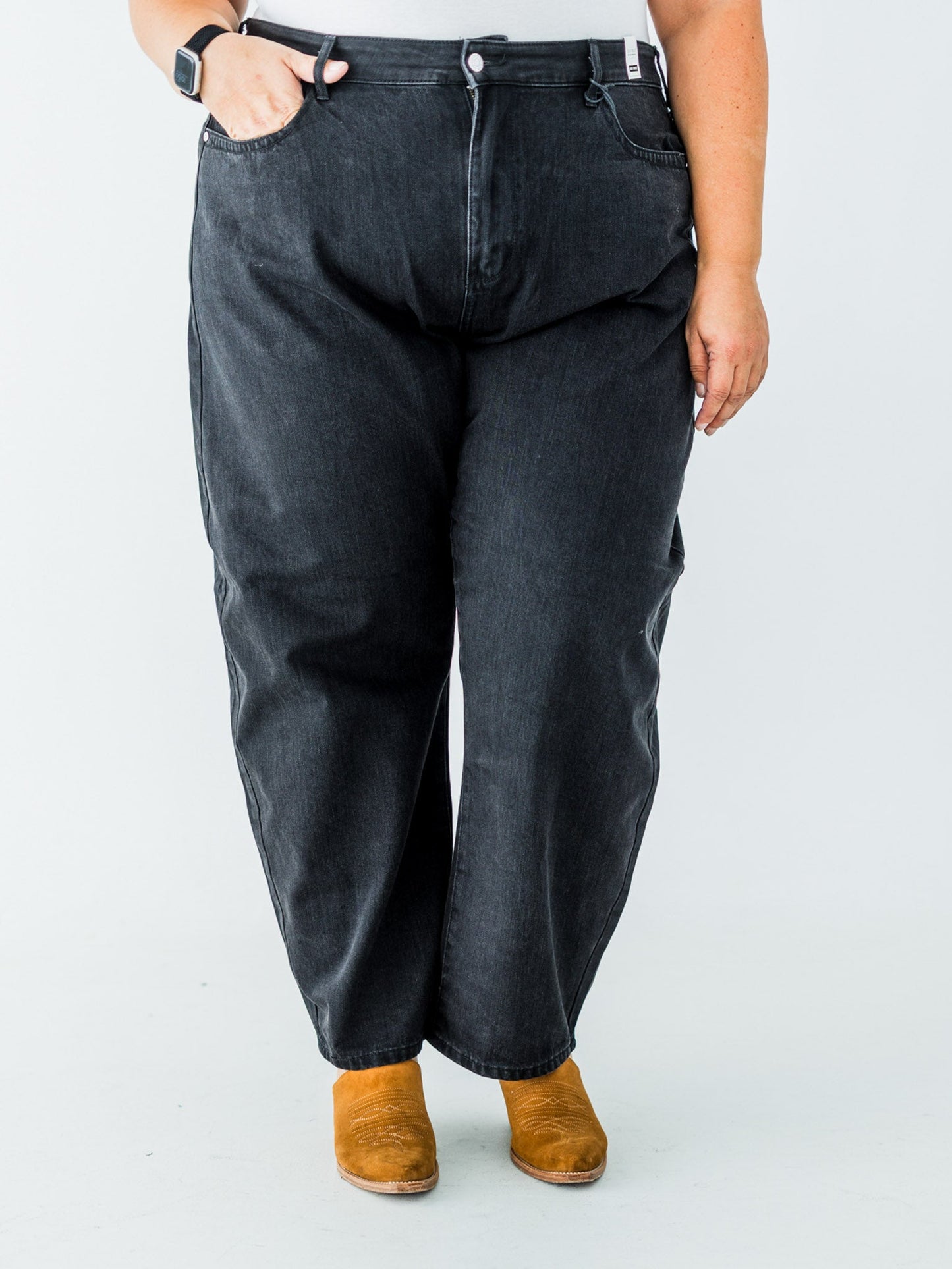 Judy Blue High Waist Rigid Magic Barrel Black Denim Arc Trousers - Whiskey Skies - JUDY BLUE