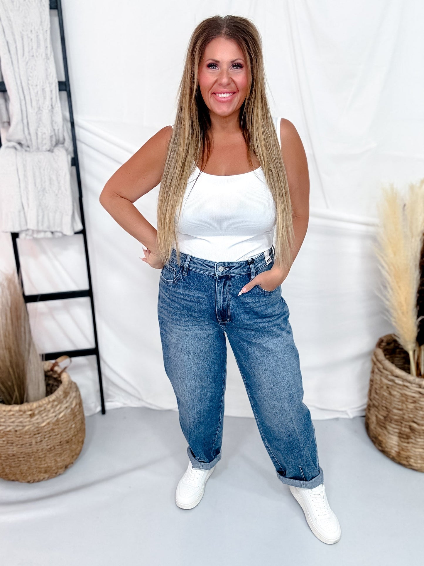 Judy Blue High Waist Rigid Magic Barrel Leg Jeans - Whiskey Skies - JUDY BLUE