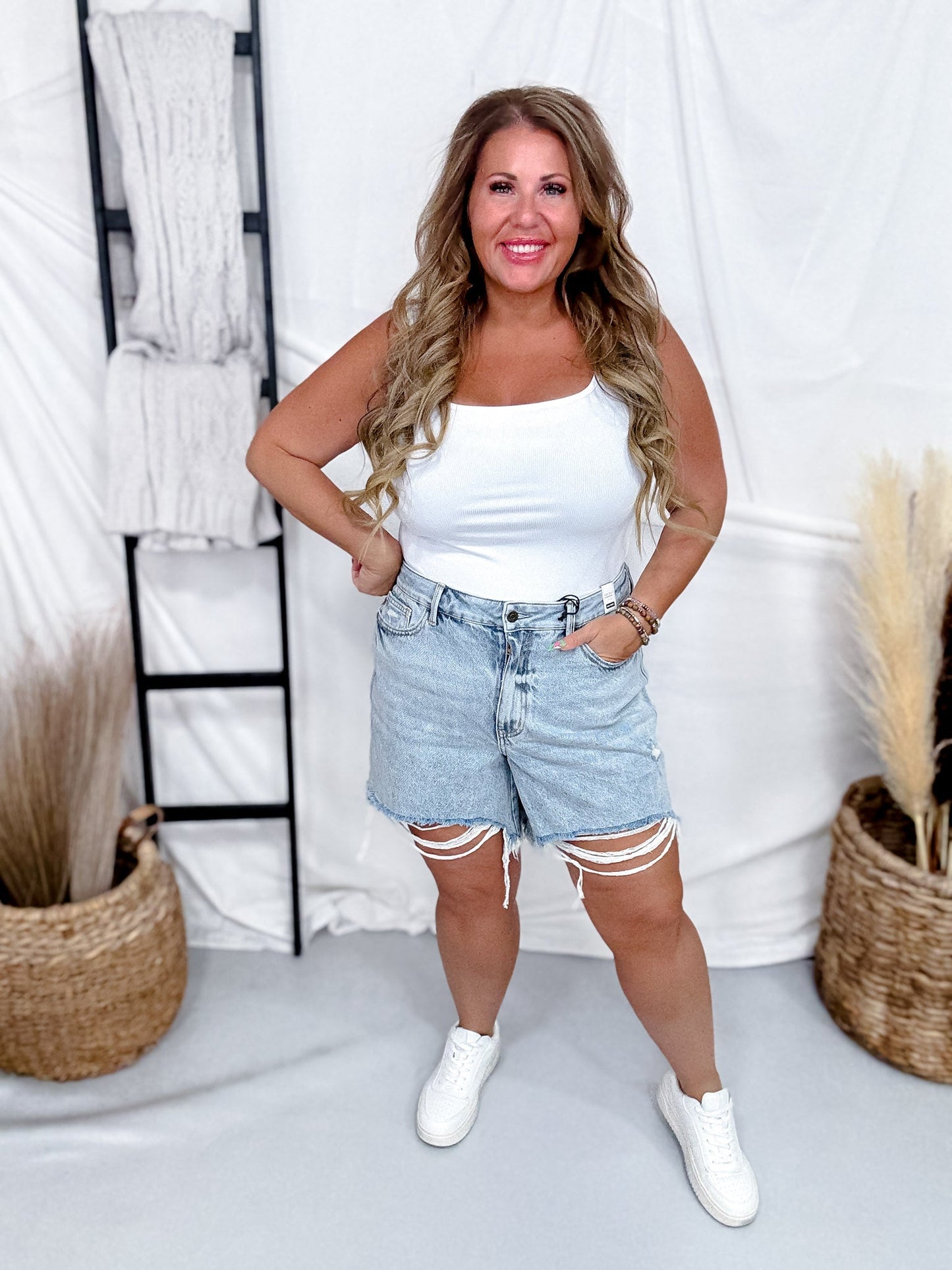Judy Blue High Waist Rigid Magic Dad Shorts W/ Cell Phone Pocket - Whiskey Skies - JUDY BLUE