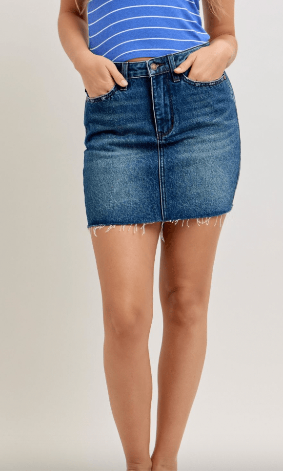 Judy Blue High Waist Rigid Magic Dark Wash Denim Skirt - Whiskey Skies - JUDY BLUE