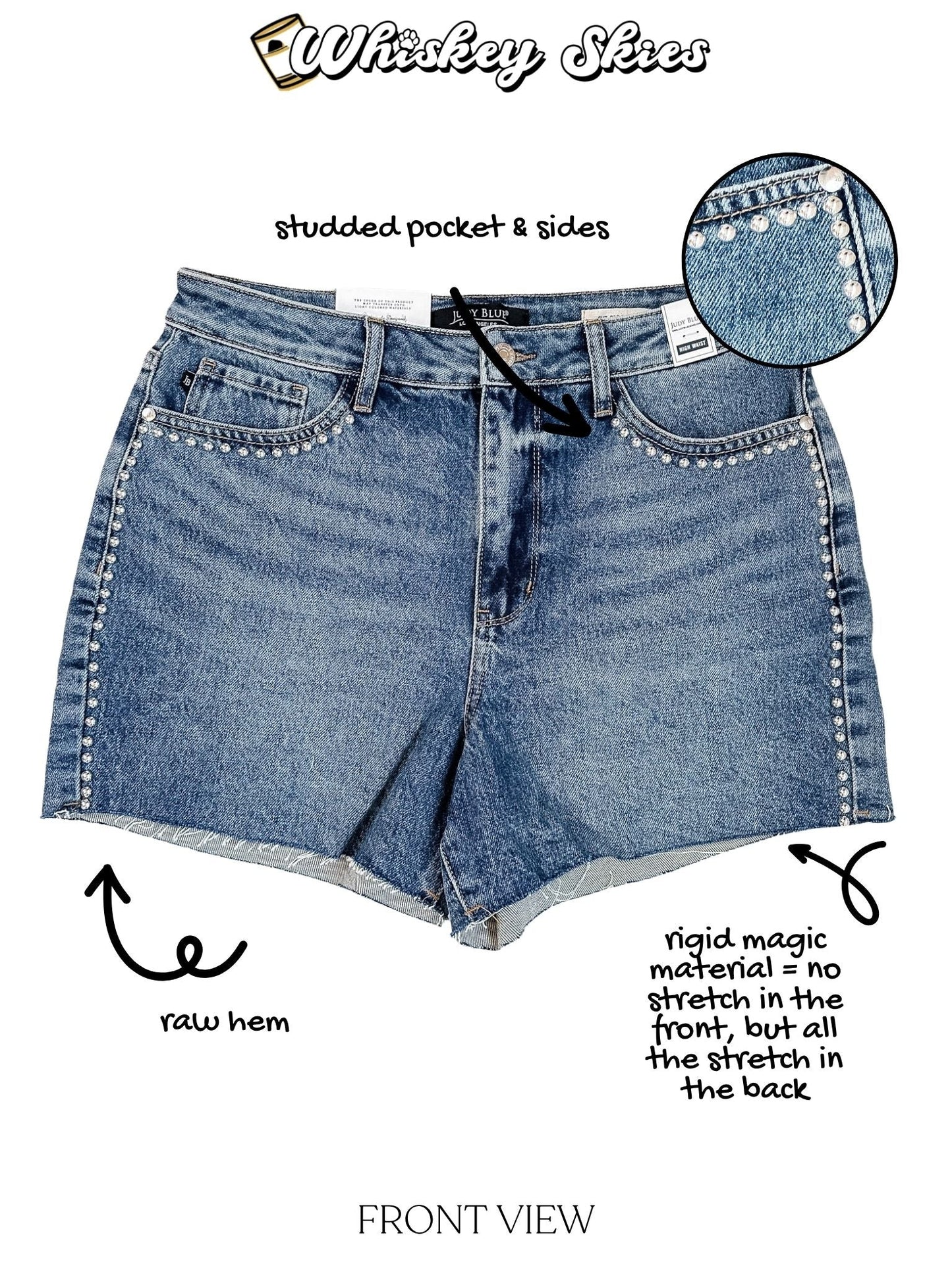 Judy Blue High - Waist Rigid Magic Denim Shorts W/ Studding Details - Whiskey Skies - JUDY BLUE