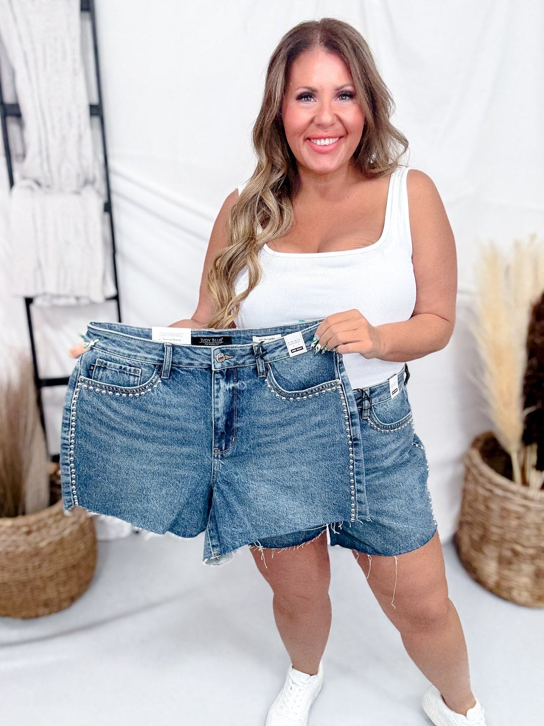 Judy Blue High - Waist Rigid Magic Denim Shorts W/ Studding Details - Whiskey Skies - JUDY BLUE