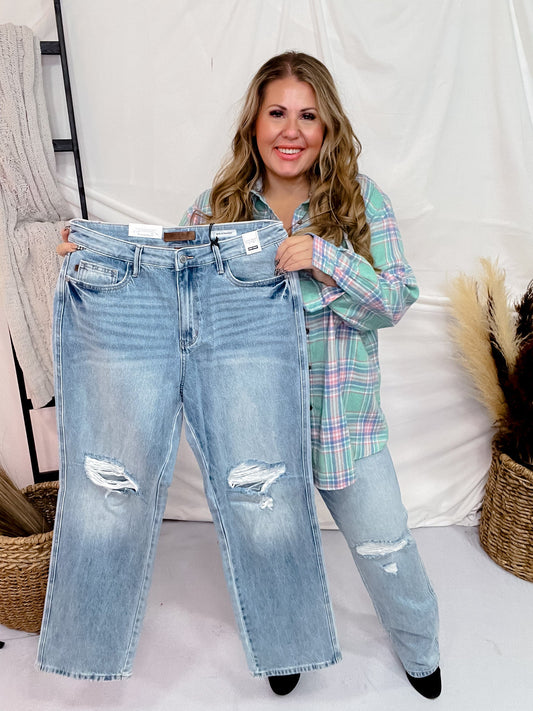 Judy Blue High Waist Rigid Magic Destroy 90's Straight Jeans - Whiskey Skies - JUDY BLUE