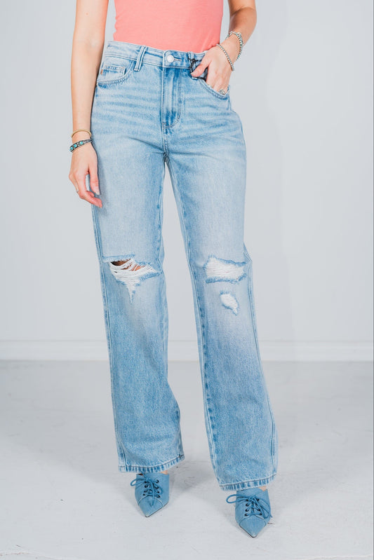 Judy Blue High Waist Rigid Magic Destroy 90's Straight Jeans - Whiskey Skies - JUDY BLUE