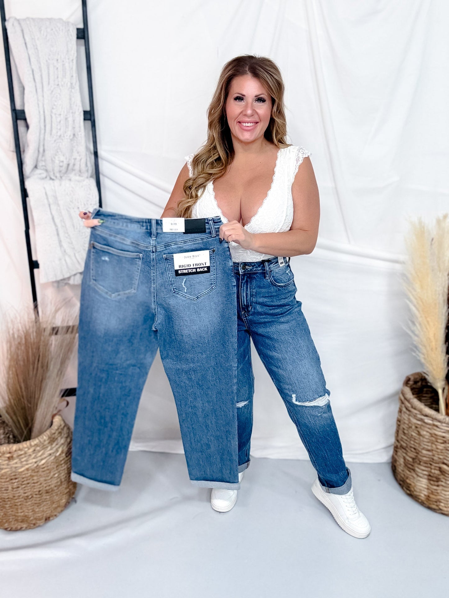 Judy Blue High Waist Rigid Magic Distressed Boyfriend Jeans - Whiskey Skies - JUDY BLUE