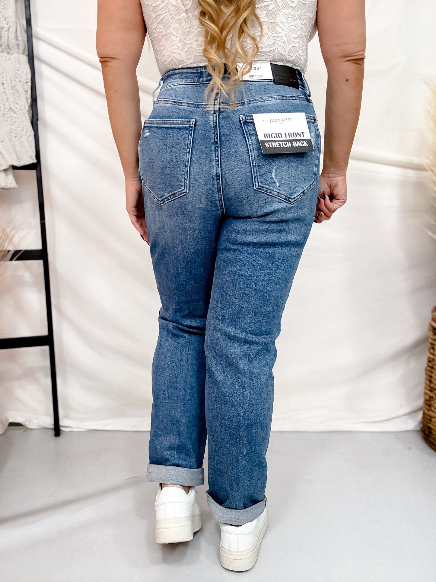 Judy Blue High Waist Rigid Magic Distressed Boyfriend Jeans - Whiskey Skies - JUDY BLUE