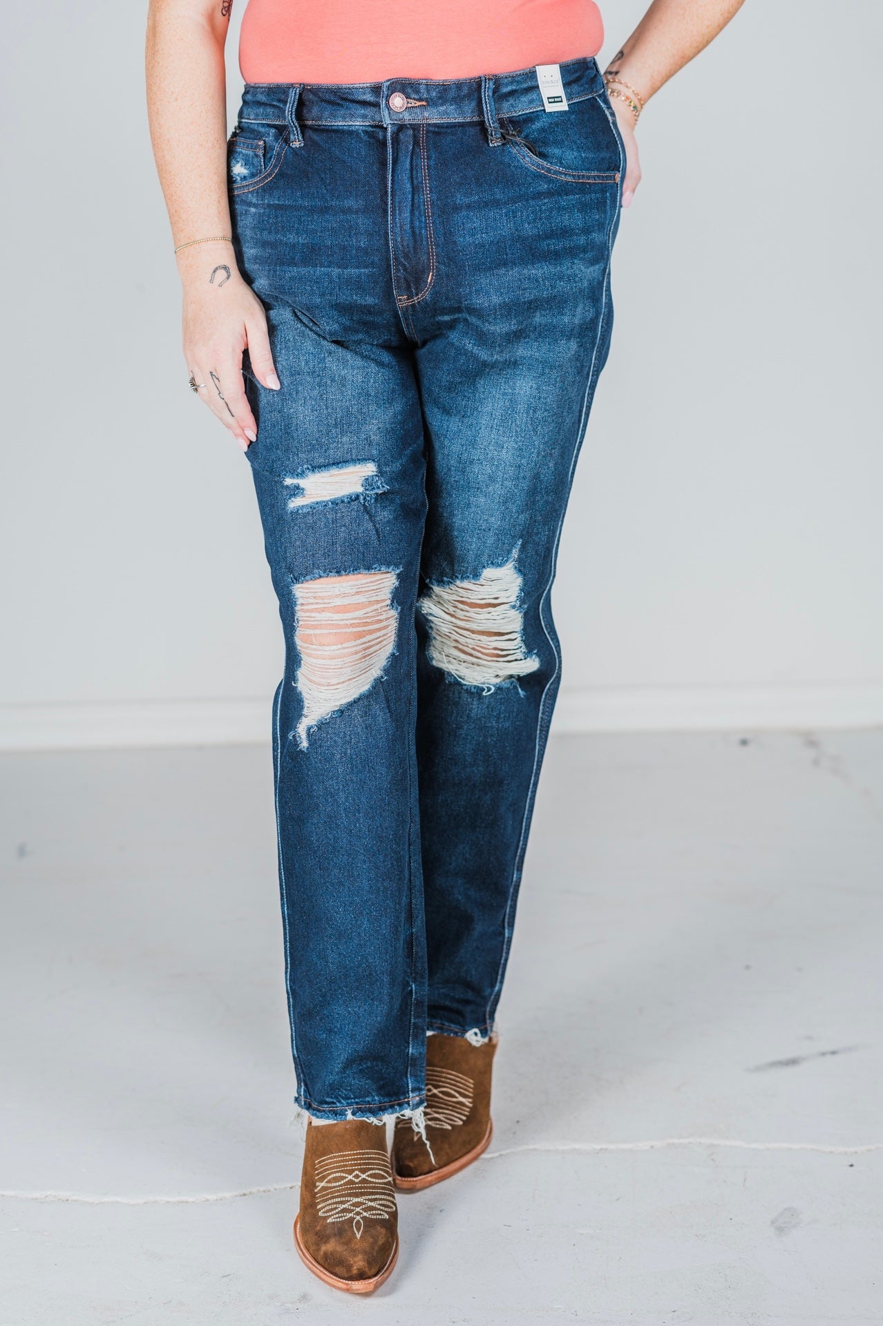 Judy Blue High Waist Rigid Magic Heavy Destroy Straight Jeans - Whiskey Skies - JUDY BLUE