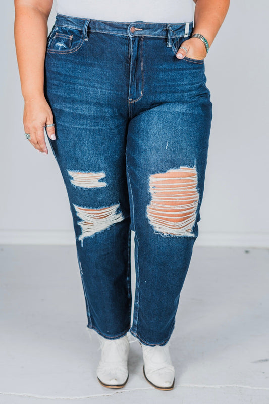 Judy Blue High Waist Rigid Magic Heavy Destroy Straight Jeans - Whiskey Skies - JUDY BLUE