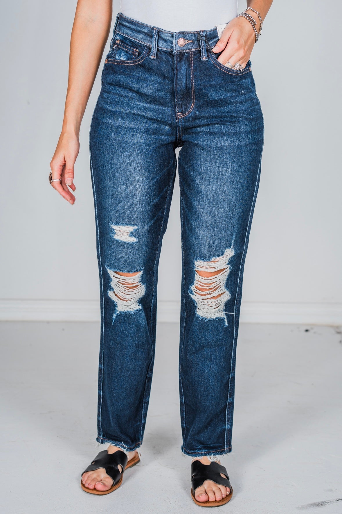 Judy Blue High Waist Rigid Magic Heavy Destroy Straight Jeans - Whiskey Skies - JUDY BLUE