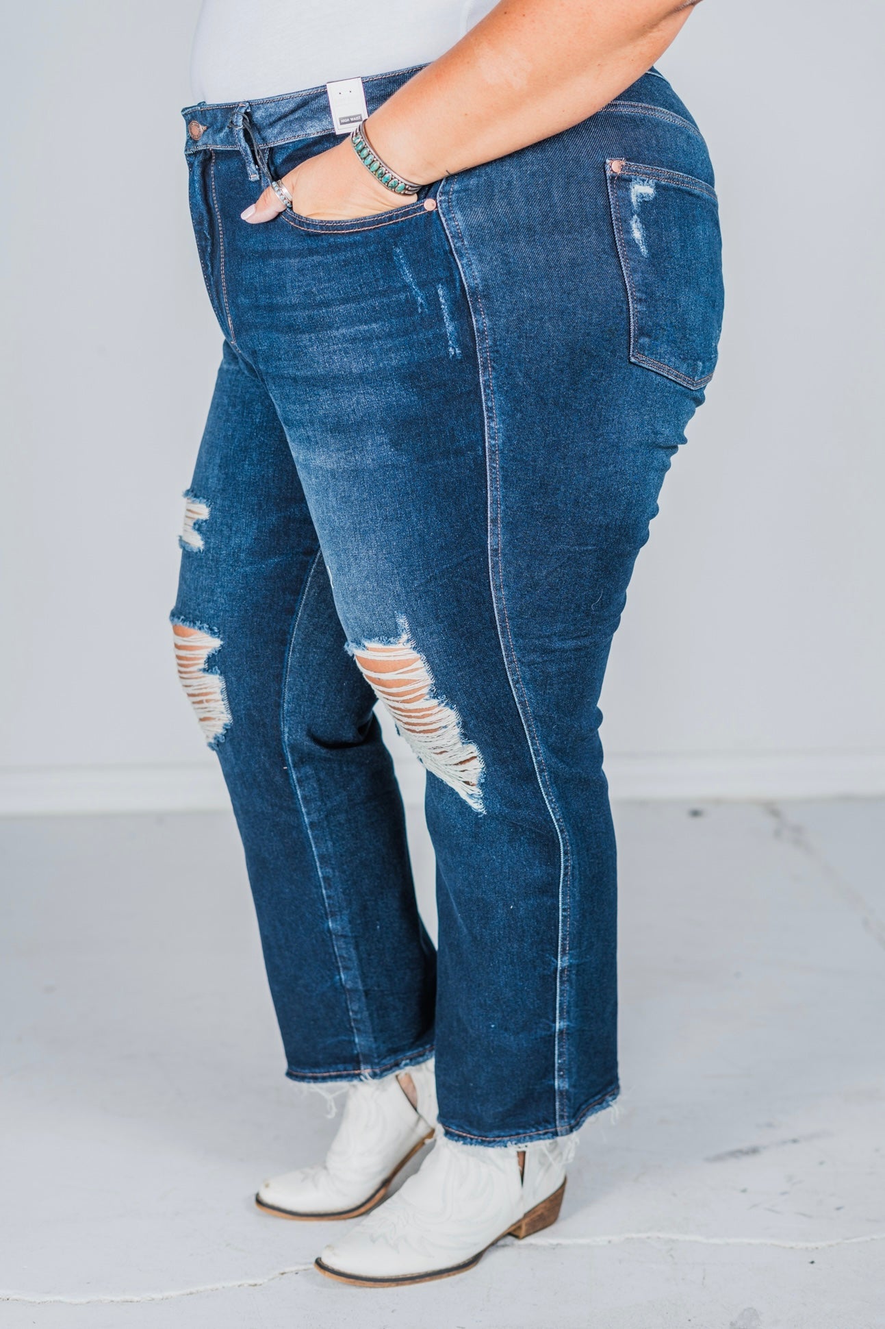 Judy Blue High Waist Rigid Magic Heavy Destroy Straight Jeans - Whiskey Skies - JUDY BLUE