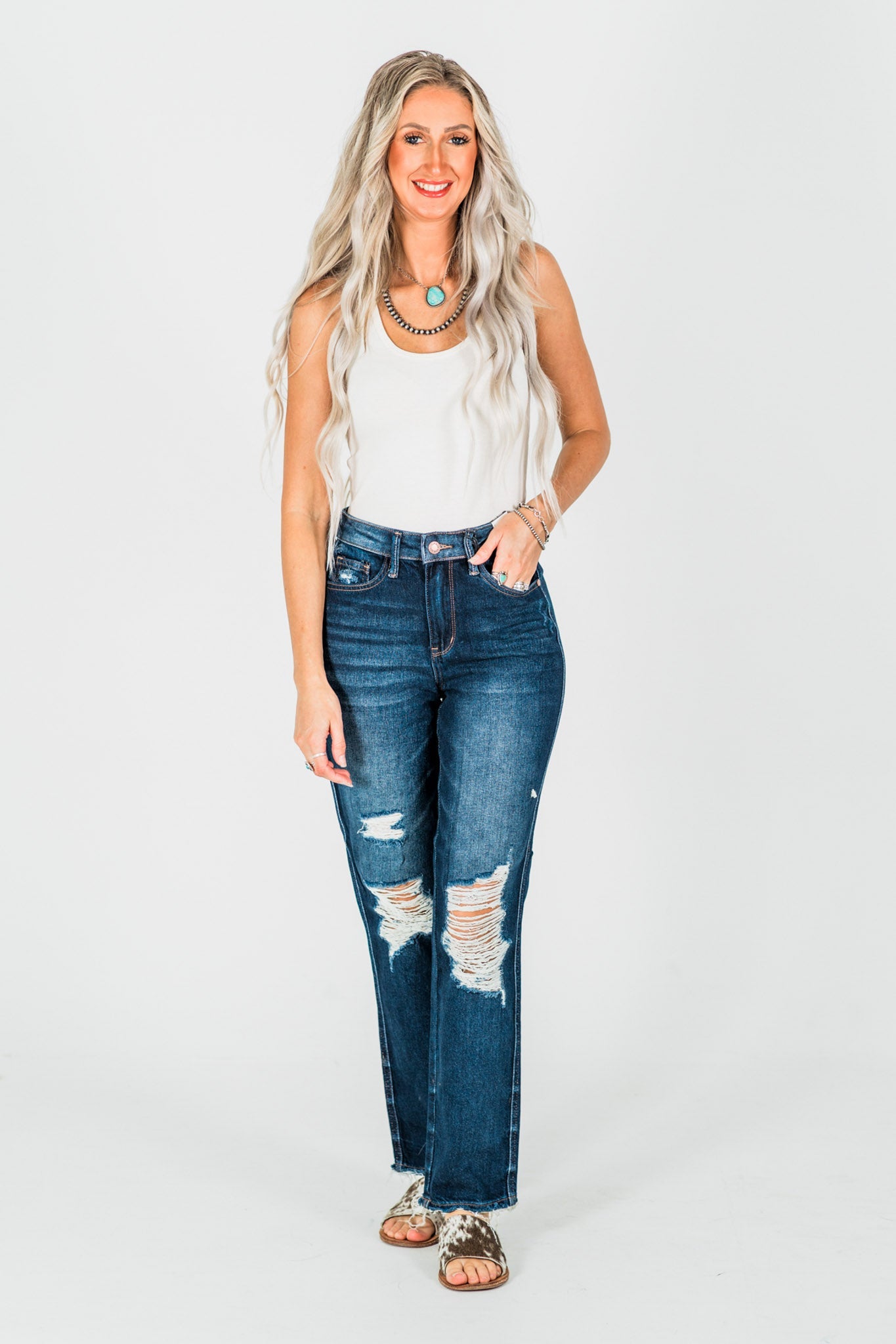 Judy Blue High Waist Rigid Magic Heavy Destroy Straight Jeans - Whiskey Skies - JUDY BLUE
